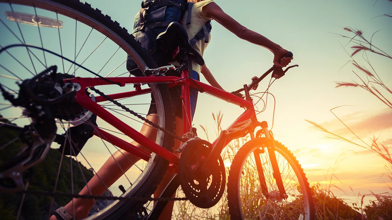 Una mountain bike nella luce del tramonto